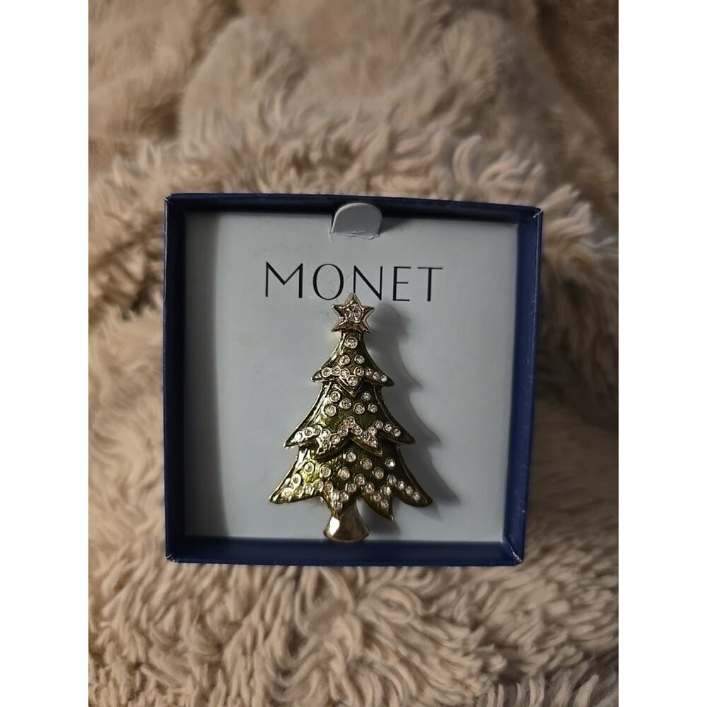Vintage Monet Women's Christmas Tree Brooch Pin Green Enamel Rhinestone Star